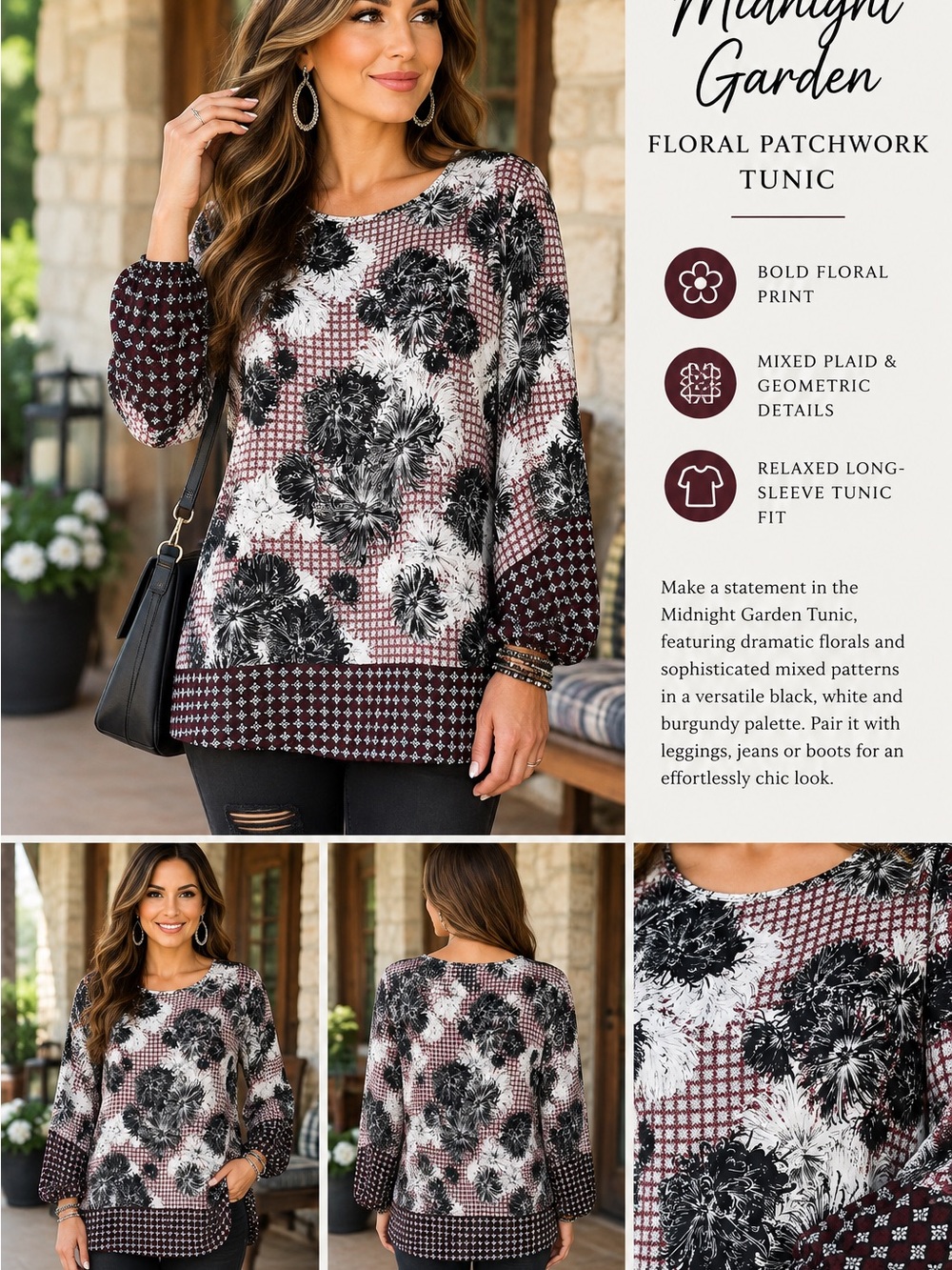 Cato Burgundy, Black & White Floral Patchwork blouse
